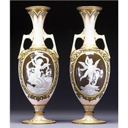PAIR OF DOULTON PATE-SUR-PATE VASES, of oval shape with angular scroll handles on pedestal bases,...