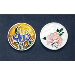 2 CANADIAN STERLING SILVER CIRCULAR PENDANTS, each decorated with cloisonné enamel floral studies...