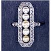 Image 1 : PLATINUM RING, set with 5 button pearls within a rectangle of 32 rose cut diamonds...