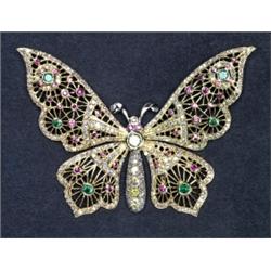 14K YELLOW GOLD FILIGREE BROOCH, realistically formed as a butterfly and set with 330 yellow and...