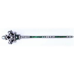RUSSIAN 14K YELLOW GOLD AND SILVER BARPIN, formed as a trident and set with 36 various old cut di...