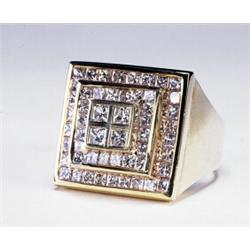 MEN'S 14K YELLOW GOLD RING, formed as a square pyramid and channel set with 52 princess cut diamo...