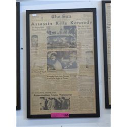 Framed newspaper sheet from Nov 22nd, 1963