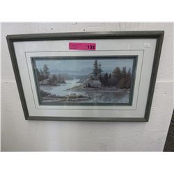 Framed W Saunders print - Cabin on the river