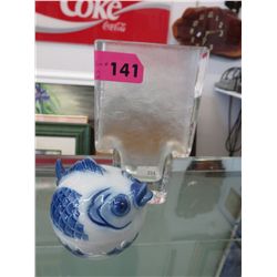 Art glass vase & lidded fish shaped bowl