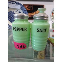 Pair of vintage green glass oversize salt & pepper