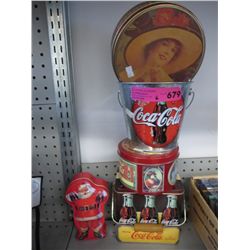 6 Pieces of tin ware with Coca-Cola logos