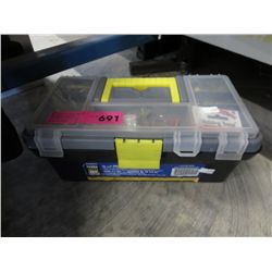 12" plastic tool box of fishing lures.