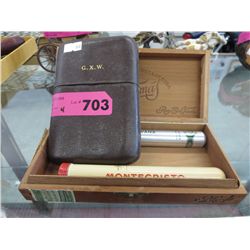 Vintage cigar case, wooden cigar box & cigar