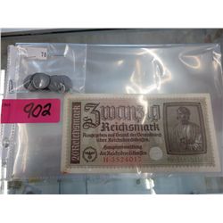 20 Reichsmark Bill with 8 Reichsmark coins