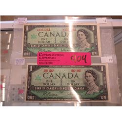 2 x Canadian 1967 Centennial Dollar Bills