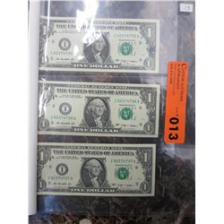 3 x Uncirculated sequential American $1 notes
