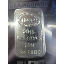 Silver Bar, 20 grams of 0.999 silver