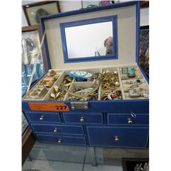 Large blue jewelry chest and contents