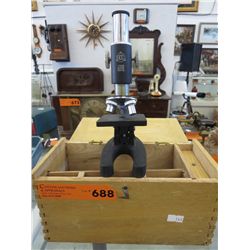 Microscope & tools in wooden box