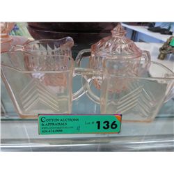 2 Sets of vintage pink glass cream and sugar