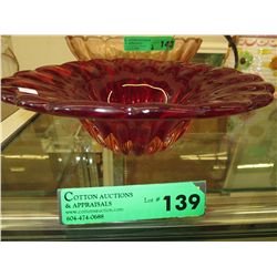 Red art glass bowl, scalloped edges