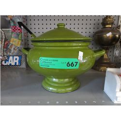 Enameled tin tureen with ladle