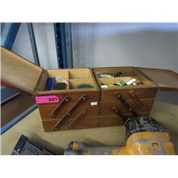 Accordion style sewing box & contents