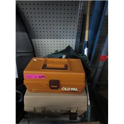 2 Tackle boxes, a net. fishing bag, fishing vest