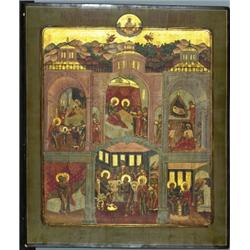 A RUSSIAN ICON OF THE LIFE OF THE VIRGIN, 16.3 x 13.8" - 41.5 x 35 cm., 19th c....