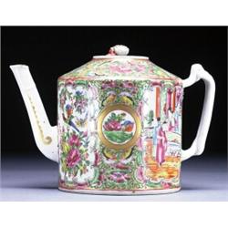 AN EXPORT TEAPOT, of canister form, with entwined branch handle, worked with figural reserves on...