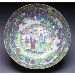 AN EXPORT PORCELAIN BASIN, well worked with a central figural reserve and a complimentary interio...