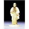 Image 1 : AN IVORY OKIMONO OF A GENTLEMAN, dressed in a textured robe with mother-of-pearl inlaid jacket, w...