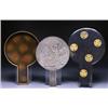 Image 1 : A BRONZE MIRROR AND CASE, the mirror well worked with flowers on a stippled ground, the case work...