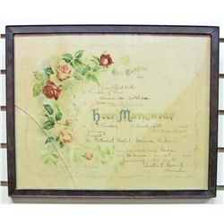 ANTIQUE 1908 FRAMED CUBAN MARRIAGE CERTIFICATE