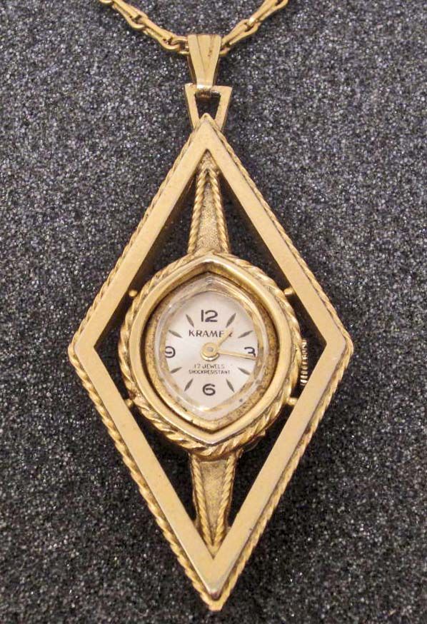 VINTAGE KRAMER 17 JEWEL RETRO CLOCK PENDANT
