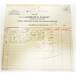 1920'S BILLHEAD RECEIPT DRUGS,  MEDICINES, PAINTS, OILS