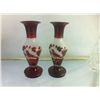 Image 1 : Pair Hand Blown Ruby Glass Bird and Flower Vases
