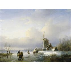 Schaatsers op een bevroren kanaal - Jan Jacob Spohler...