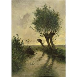 Polderlandschap met visser in een bootje - Paul Joseph C. Gabriël...