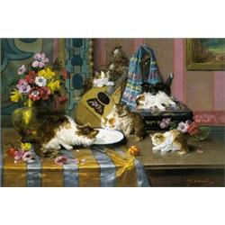 Interieur met moederkat en kittens - Max (Albert) Carlier...