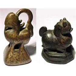 BURMA, c. 1800 -1850. A lot of two opium weights in the form of lions or beasts. Gear, pl. 53, r...