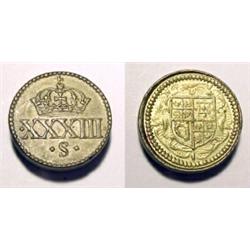 England, James I, bronze round weight struck c. 1632. Second coinage revaluation 1612 of a rose...