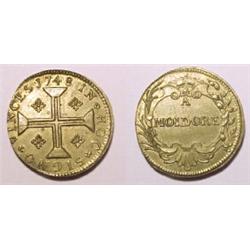 England, (for Portugal) 1748, a round brass weight. Obv. IN HOC SIGNO VINCES 1748, voided cross....