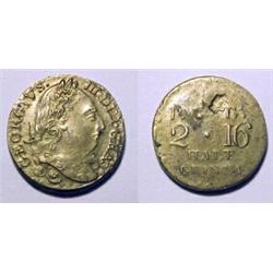 England, George III, 1773-75, half guinea brass weight (4.13 gm). Head of George III to r./Ewer...