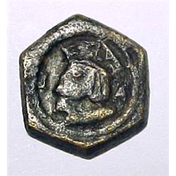 France, Aquitaine, c. 1450, a hexagonal copper uniface weight (3.26gm) for a salut d'or, with a...