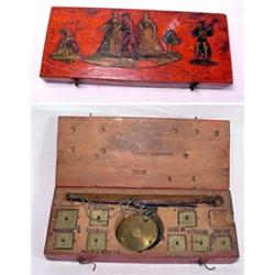 Germany, Nuremberg, c. 1750-1770, a fine boxed scales with eight square knob handled brass weigh...