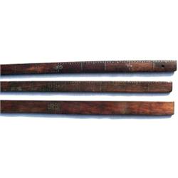 China, 19th century lot of three wooden rulers each with inlaid silver markings. L: 13+ inches....