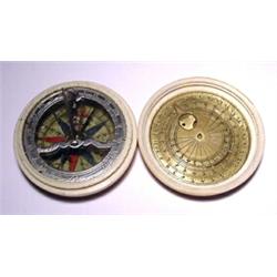 Germany, Nuremberg, c. 1600 AD. an ivory encased sun dial with a movable brass moon dial affixed...