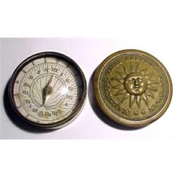 United States, c. 1875, a machine stamped copper time keeper and sun dial. The lid is embossed w...