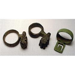 Roman Empire, Balkans, c. 150-300 AD. a lot of three bronze keys. Each one is a finger ring with...