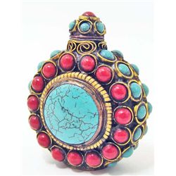 TIBETAN SILVER BRASS INLAY TURQUOISE SNUFF BOTTLE