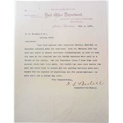 1893 POST OFFICE INSPECTORS RETURNED BILL DUE TO DEATH