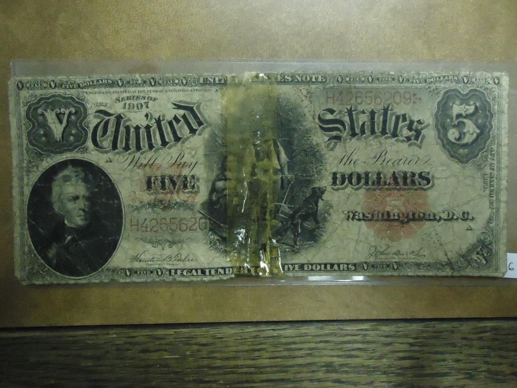 1907 LARGE SIZE $5 US NOTE TORN IN HALF WITH TAPE