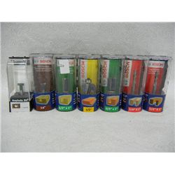 6 Bosch Router Bits and 1 Wood River Keyhole Bit, 1/4" Shank: 14 Degree Dovetail, 1/2"x1" Straight T